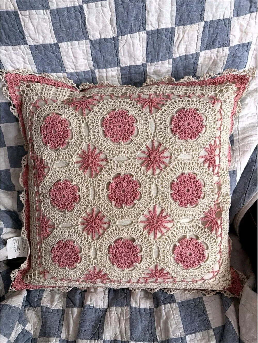 VTG Throw Pillow Pink White Crochet Doily Handmade Granny Cottage Shabby Chic
